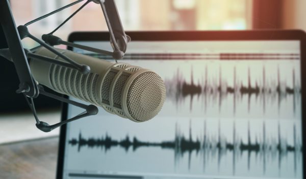 Professional microphone and sound waveform on screen